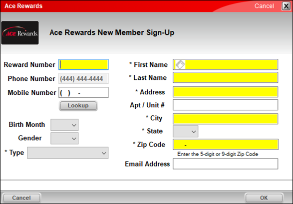 Ace Rewards sign-up window