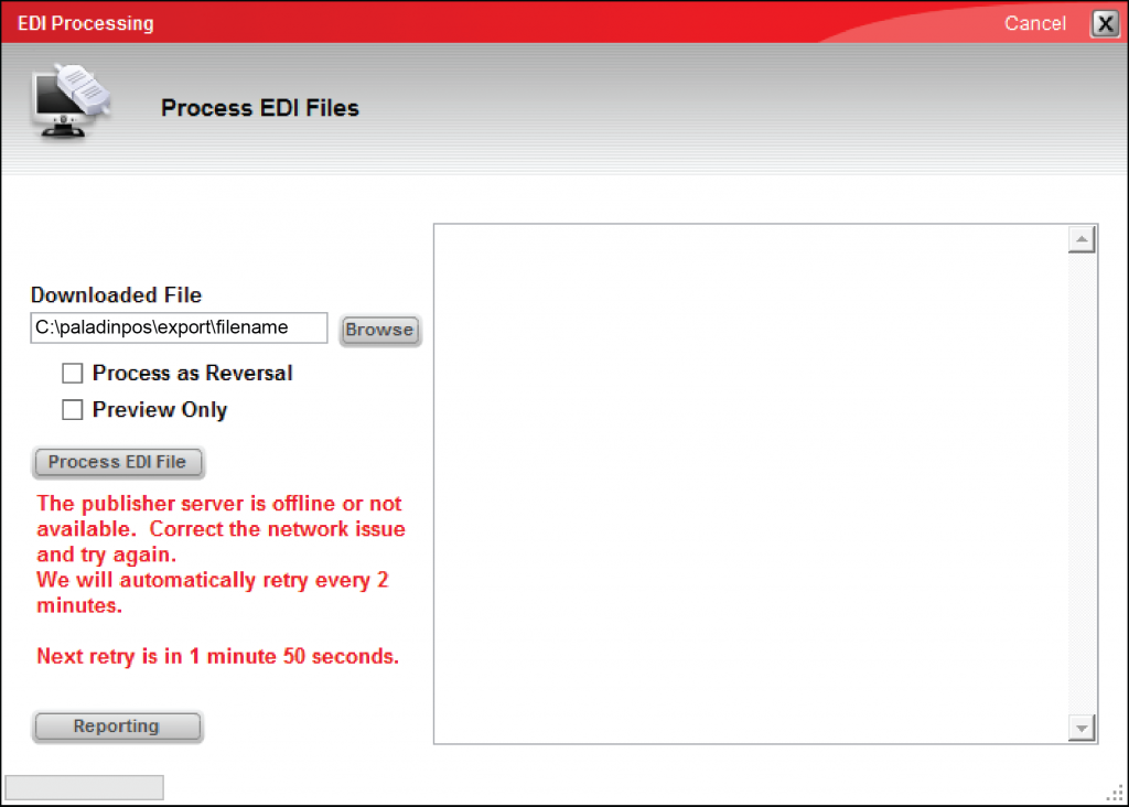 EDI Processing screen with publisher server offline error message