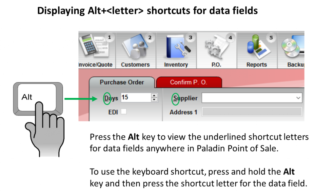 Alt+ letter for data fields 