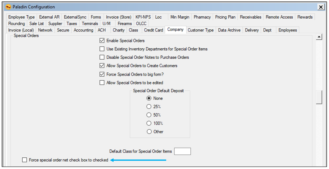 Paladin configuration Company tab/Special Orders pane/Force special order net check box to checked