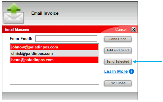Email Invoice window/Send Selected email chosen using the Ctrl key to select email addresses