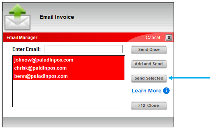 Email Invoice window/Send Selected email chosen using the Shift key to select email addresses