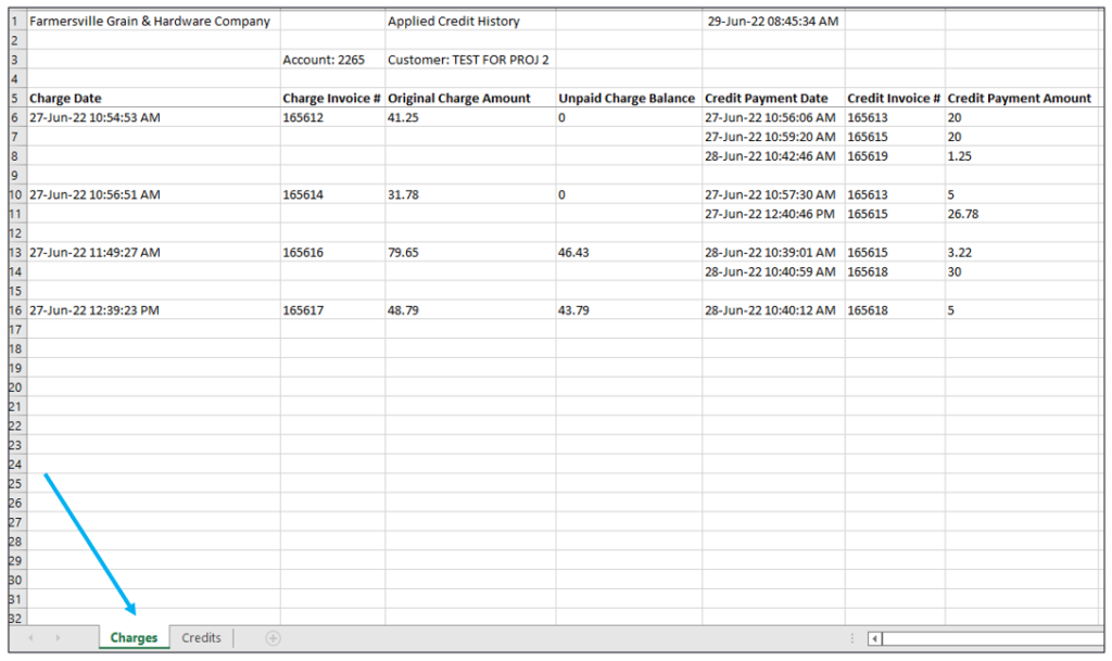 Excel file: Invoice Payment History Charges tab