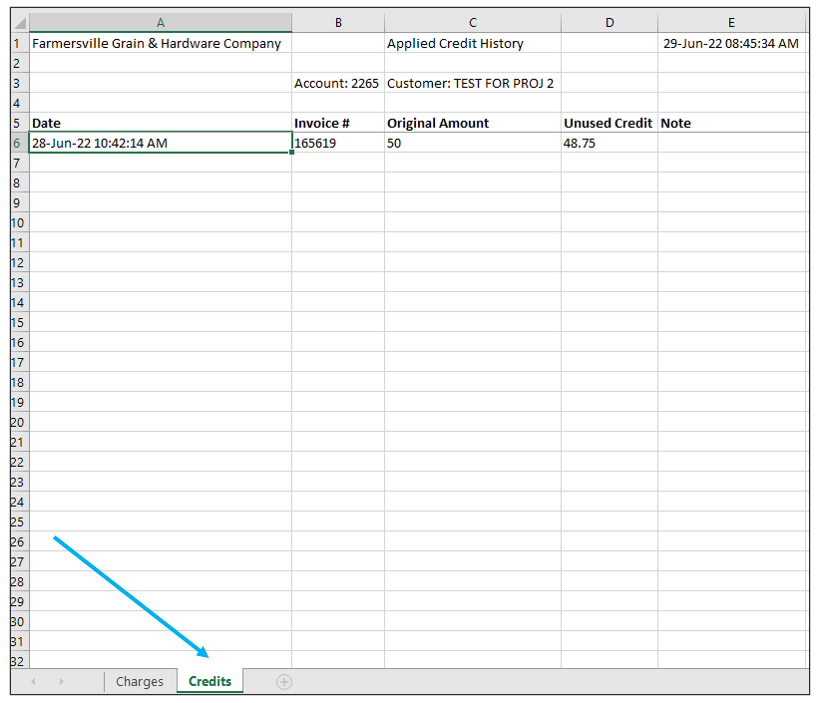 Excel file: Invoice Payment History Credits tab