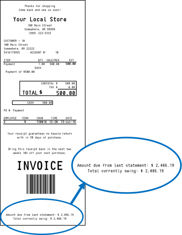 Customer account balance on account payment invoice