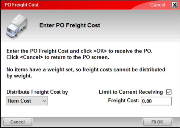 PO Freight Cost window