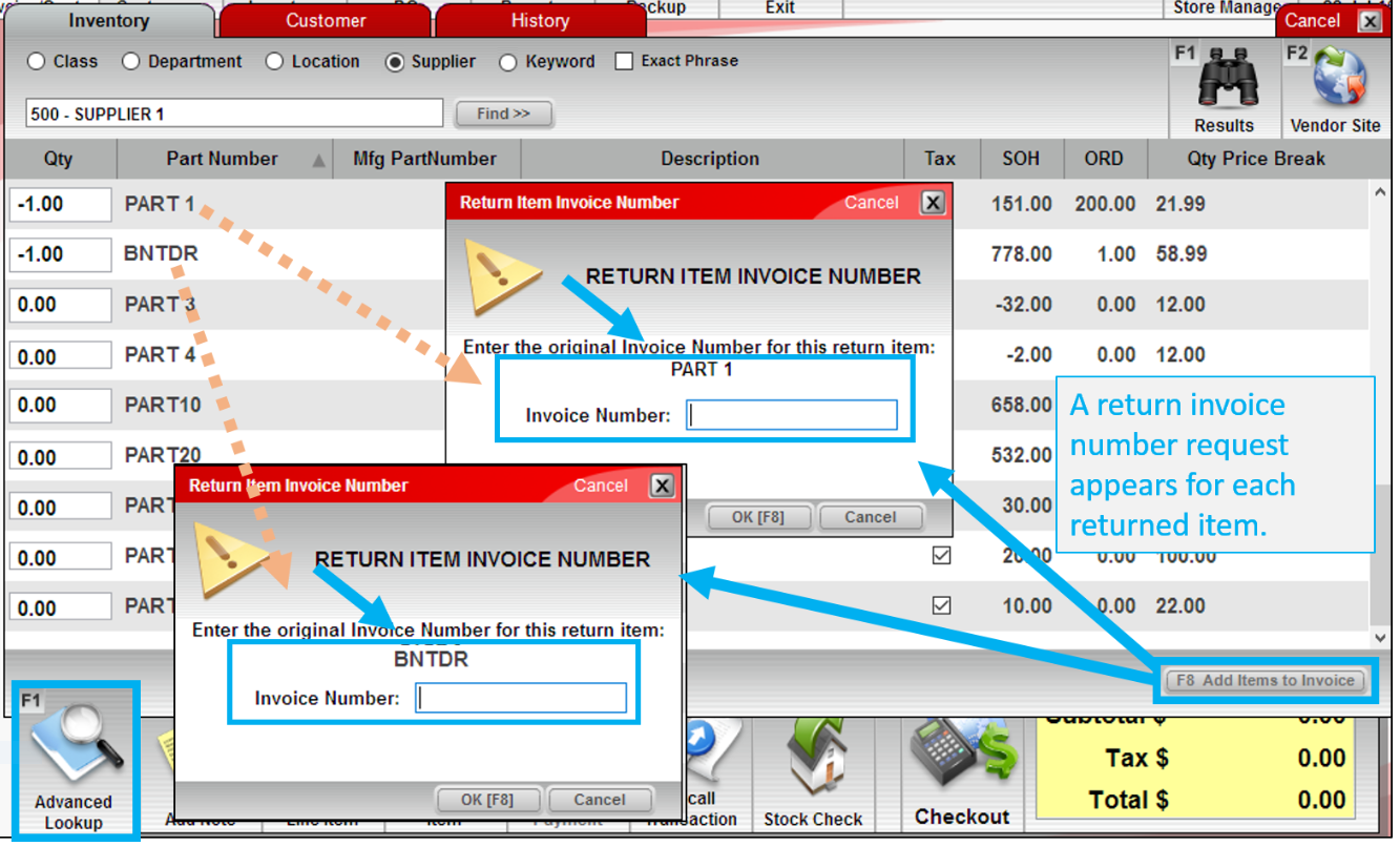 Return Item Invoice Number window in Advanced Lookup