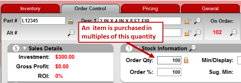Order quantity for item
