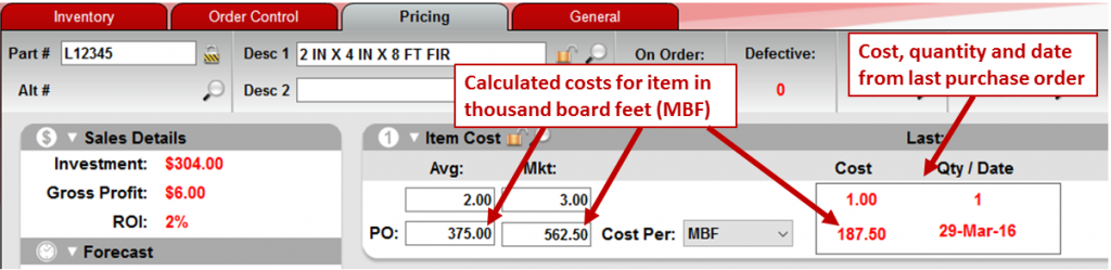 View item costs in MBF