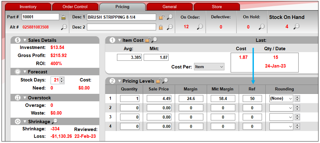 Inventory module/Pricing tab/Pricing Levels pane