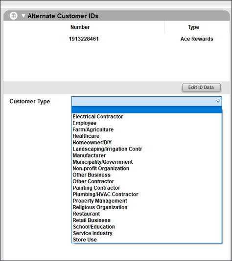 Customers module/Electronic tab/Alternate Customer IDs pane/Customer Type list