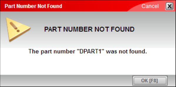 Part number not found message