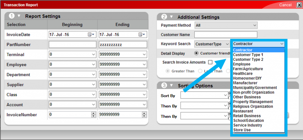 Select customer type for Transaction Report