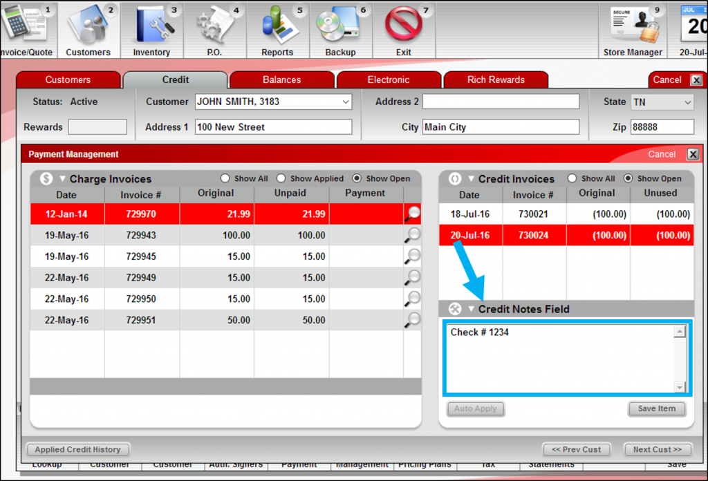 Check number in credit notes field in Payment Management