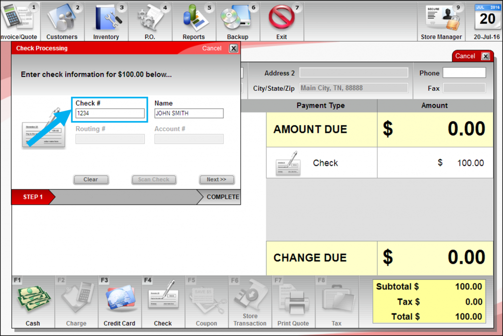 Check number with an account payment in the Invoice/Quote module/Check Processing window