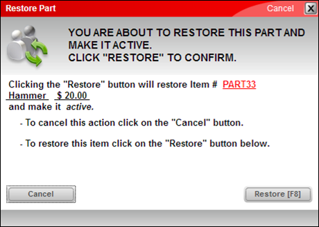 Restore Part window/Restore message