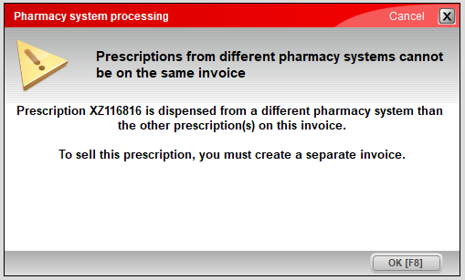 Message when prescription is from a different pharmacy system than another