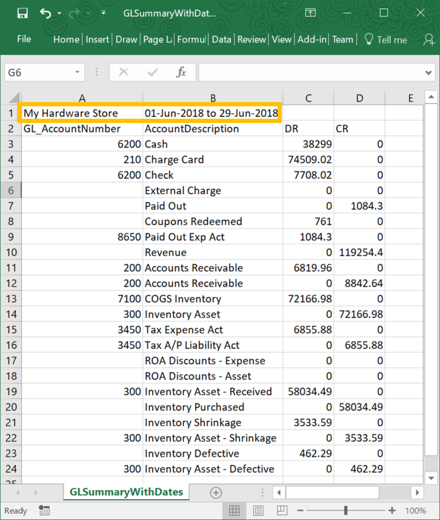 GL Summary Excel report with store name and dates