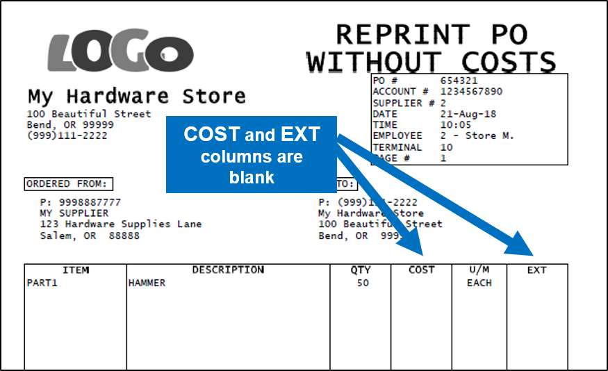 Invoice without costs or extension values