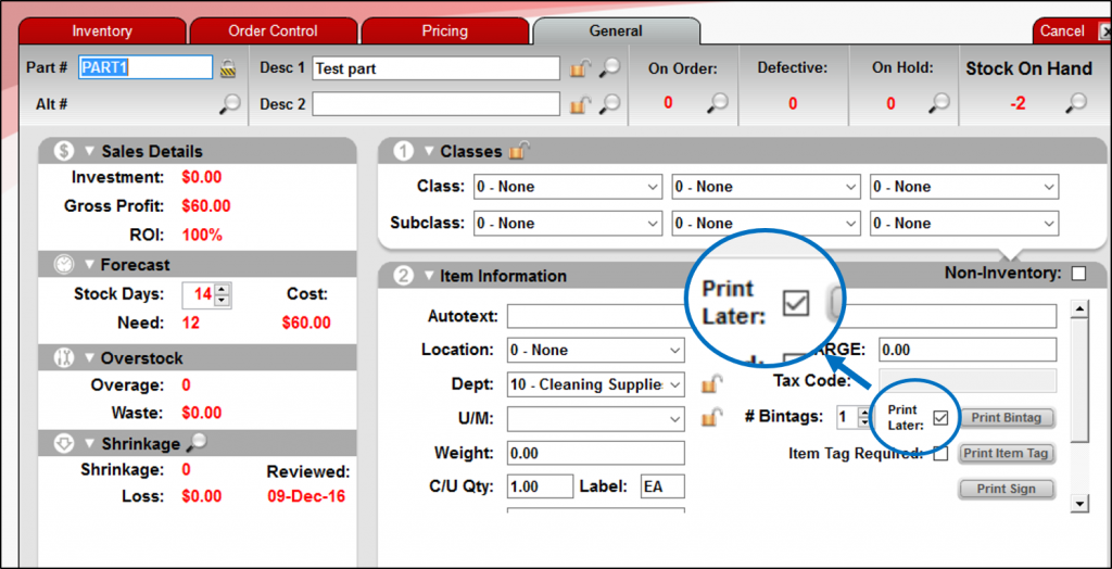 Print Later flag in the Inventory module