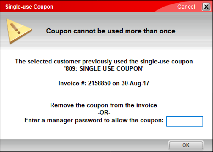 Single-use Coupon window/Coupon cannot be used more than once message