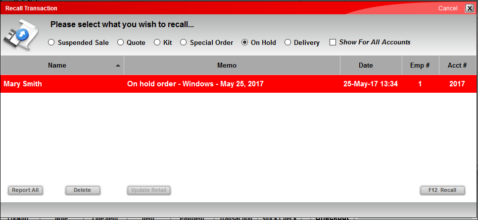Recall transaction window showing name values