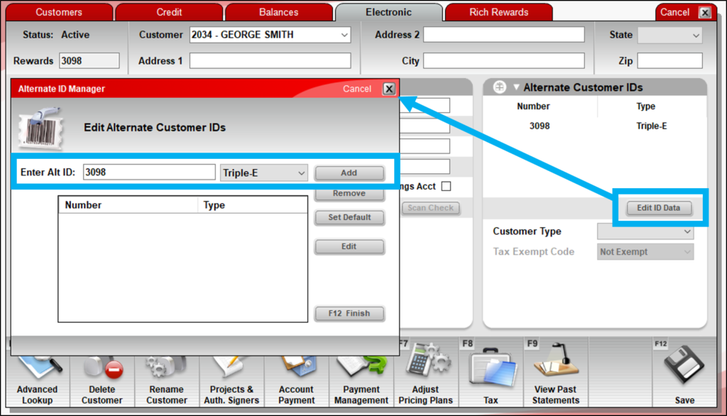 Customers module/Electronic tab/Alternate ID Manager window