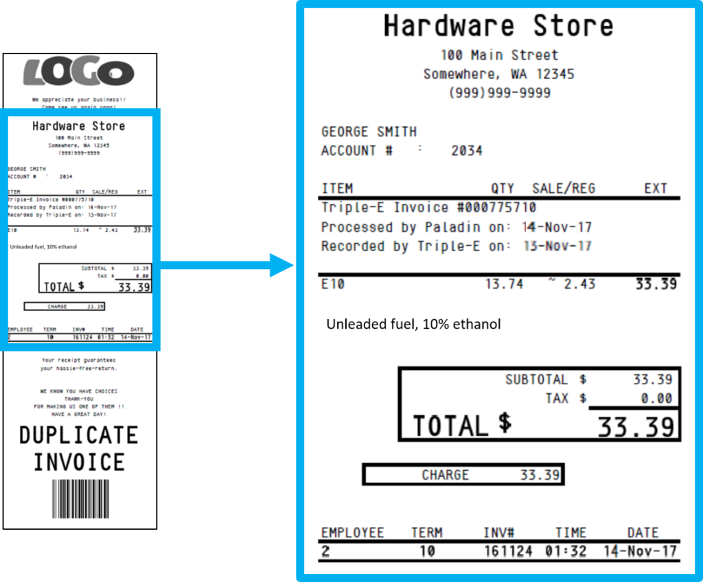 Invoice receipt with the Triple E invoice date and the date the invoice was recorded in Paladin