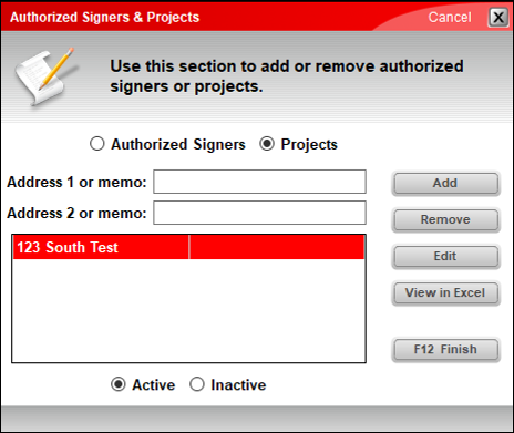 Authorized Signers & Projects window