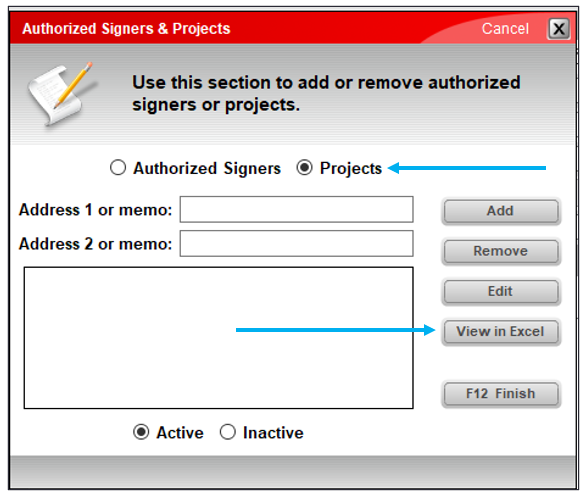 Setting Project to be viewed in Excel in Authorized Signers & Projects window