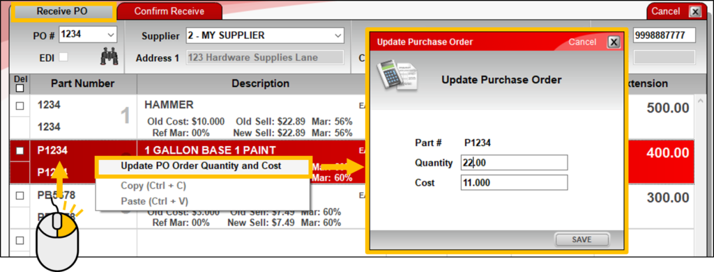 Update purchase order quantity and cost values