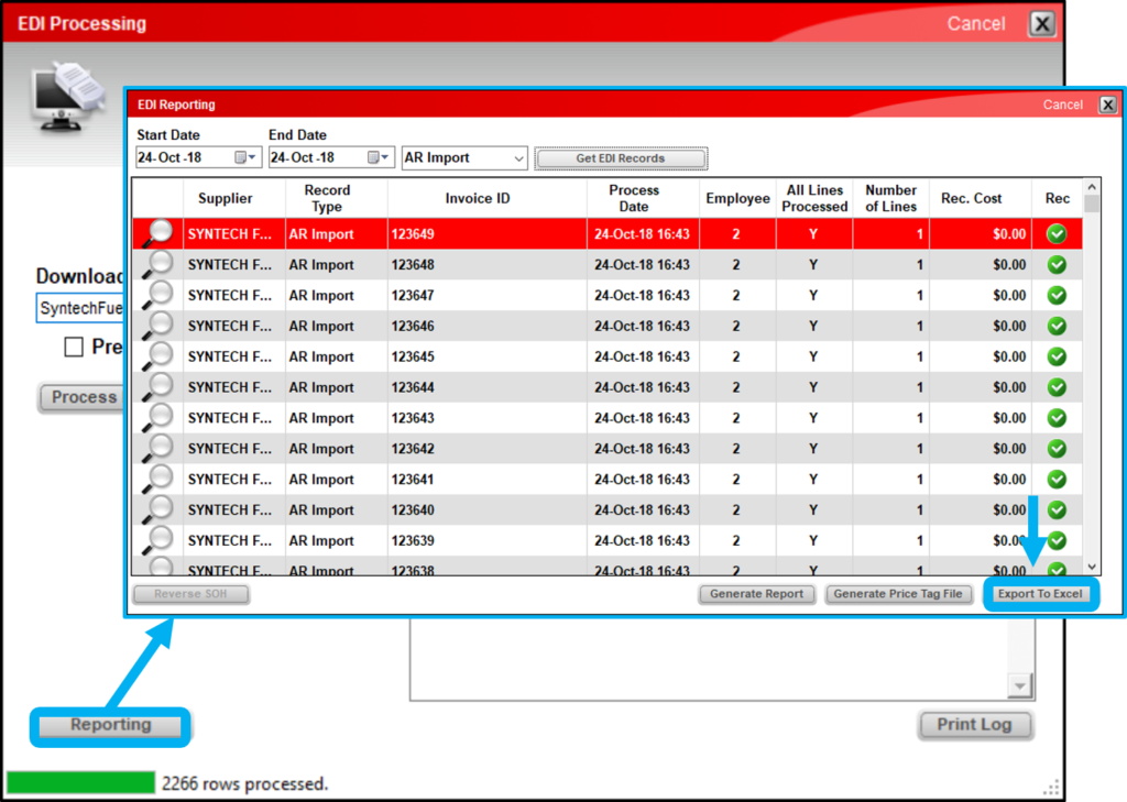 View a list of processed FuelMaster invoices in the EDI Reporting window