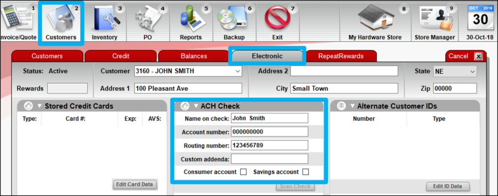 Customer module/Electronic tab/ACH Check pane