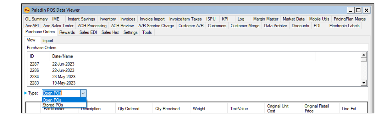 Data Viewer/Purchase Orders tab/Type options