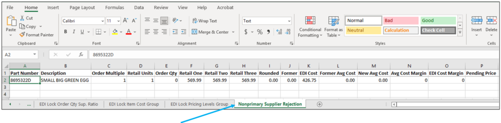 Excel subreport in Nonprimary Supplier rejection tab