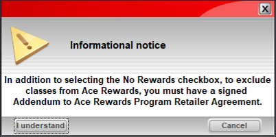 Exclude classes from Ace Rewards message