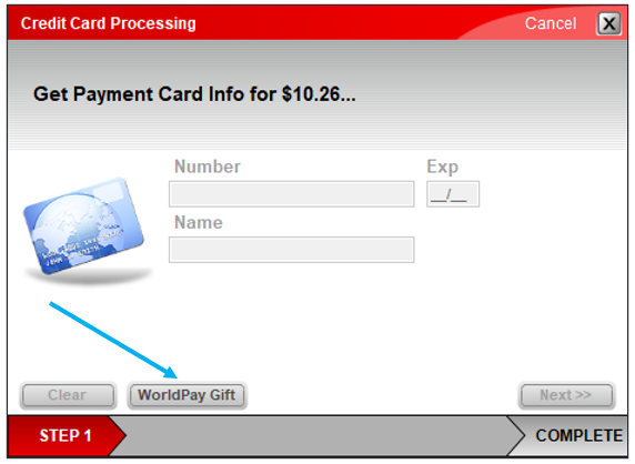 Credit Card Processing window/WorldPay Gift 