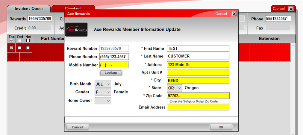 Ace Rewards window/Member Info Updates