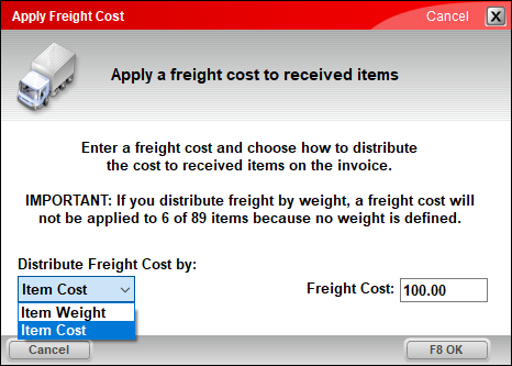 Apply Freight Cost window/6 of the 89 invoice items do not have a defined weight