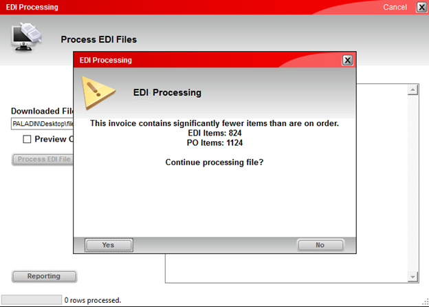 EDI Processing message/Fewer items than are on order warning
