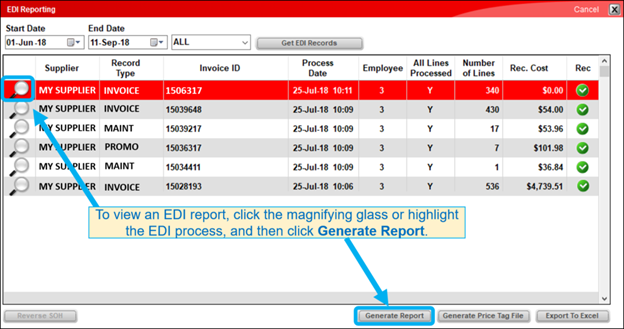 EDI Reporting window/Generate Report option