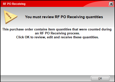 RF PO Receiving window/Review PO Receiving quantities message