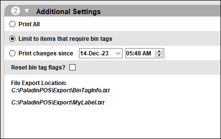 Bin Tag Information File window/Additional Settings