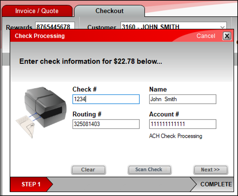 Entering check data in the check processing window