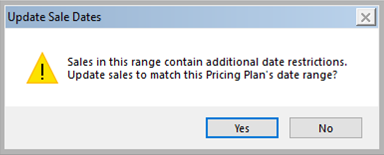 Message asking if you want to update the sale list dates to match the pricing plan