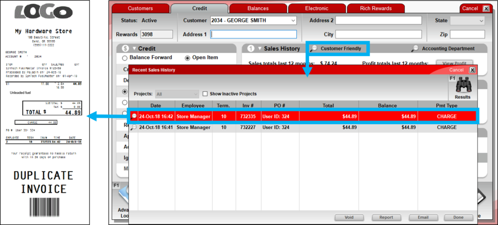 FuelMaster invoice in customer purchase history window