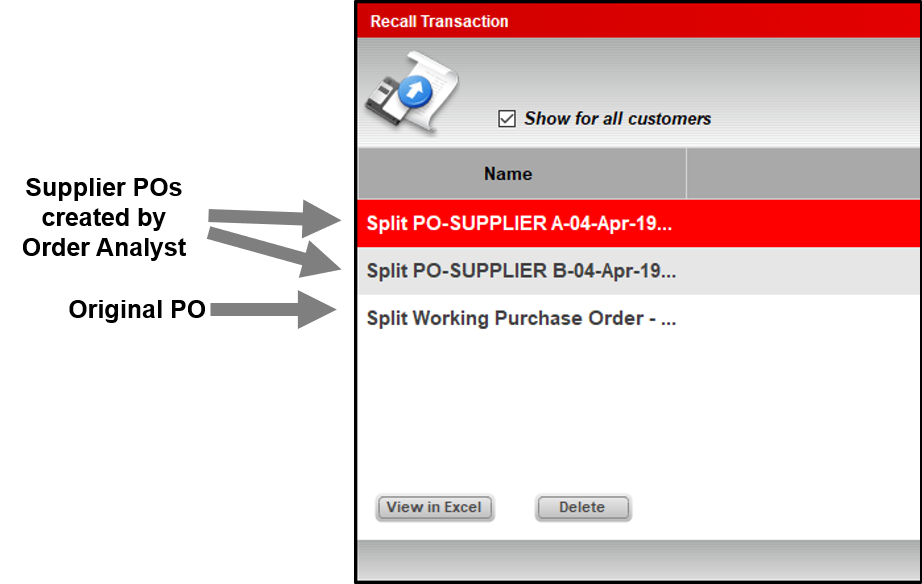 Recall PO window with supplier POs and prefix Split in name