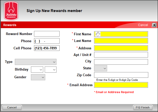 Required fields in Sign Up New Rewards member window