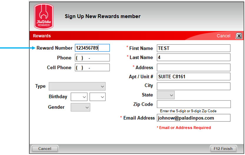 Auto-filled Sign Up New Rewards member window