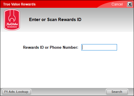True Value window prompts for rewards ID